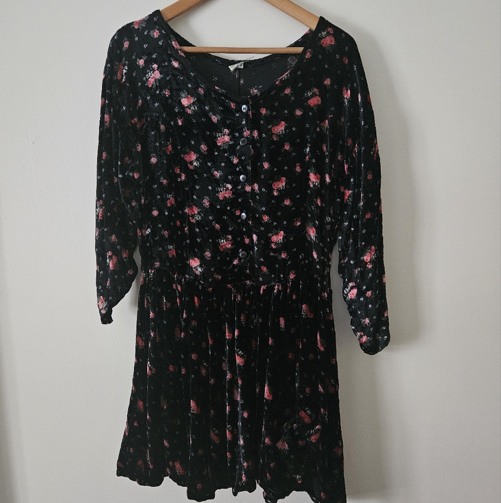 Vintage black velvet mini dress with pink floral print